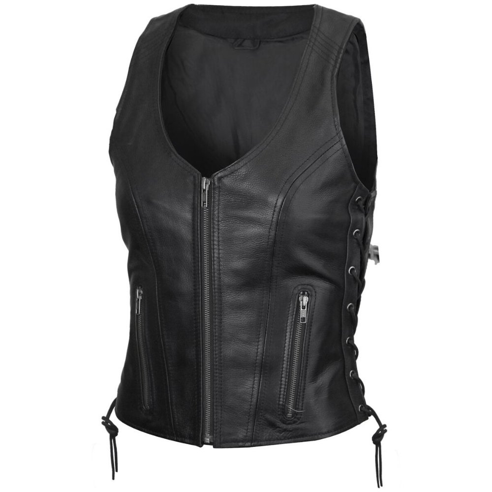 Women's Black Lace Side Zipper Pocket Premium Cowhide Leather Biker Vest